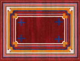 Full view of a mostly red rug with yellow and blue striped border and four blue crosses