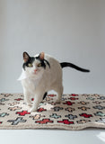 Light pink rug with red and light blue crosses sitting on the floor in a white space with a cat walking on top staring at the camera